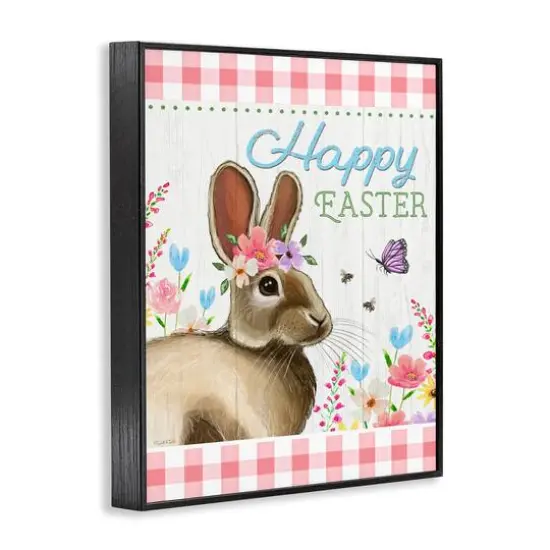 Stupell Industries Happy Easter Floral Gingham Rabbit Framed Giclee Art Black {4}