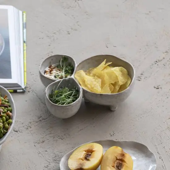 Hello Honey® 8" Cream 3-Section Stoneware Footed Serving Dish {4}