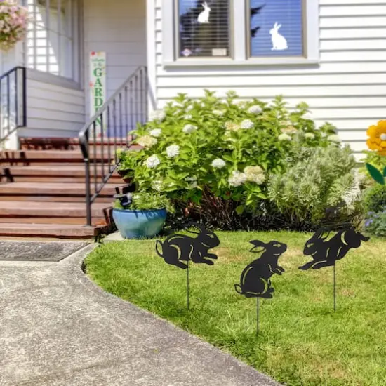 Glitzhome&reg; 18" Black Metal Rabbit Silhouette Yard Stake Set {6}