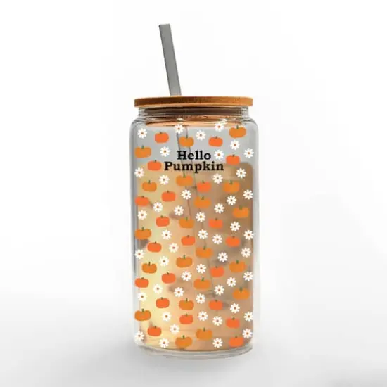 Hello Pumpkin Daisy Pattern 16oz. Glass Can Cup {3}