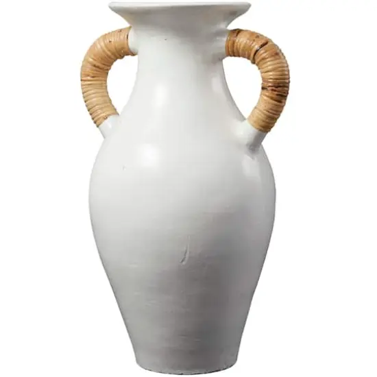21" White Ceramic Jug Vase with Rattan Wrapped Handles {3}