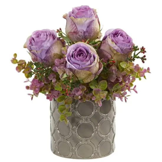 11" Roses & Eucalyptus in Designer Vase Purple {1}