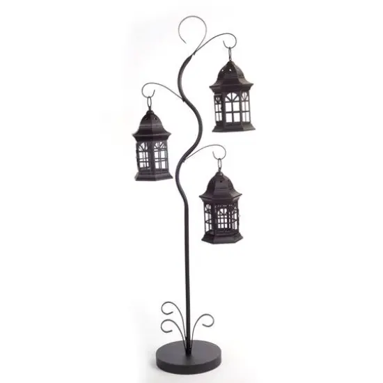 51.25'' Antique Brown and Black Metal Triple Lantern Tree {1}
