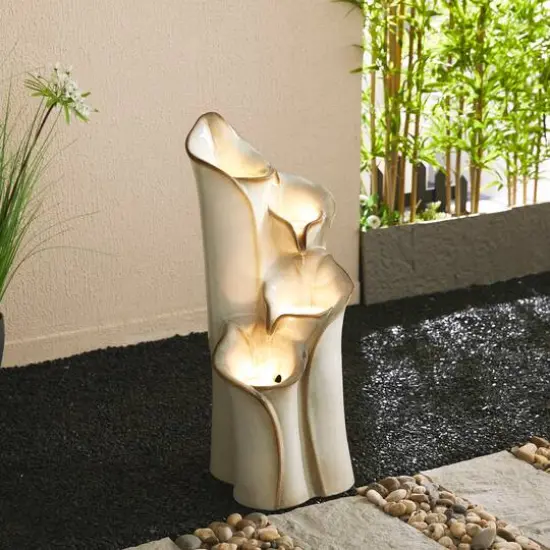 Glitzhome&reg; 31.25" 4-Tier LED Lotus Leaf Textured Ceramic Vase Outdoor Floor Fountain Sand Beige {4}