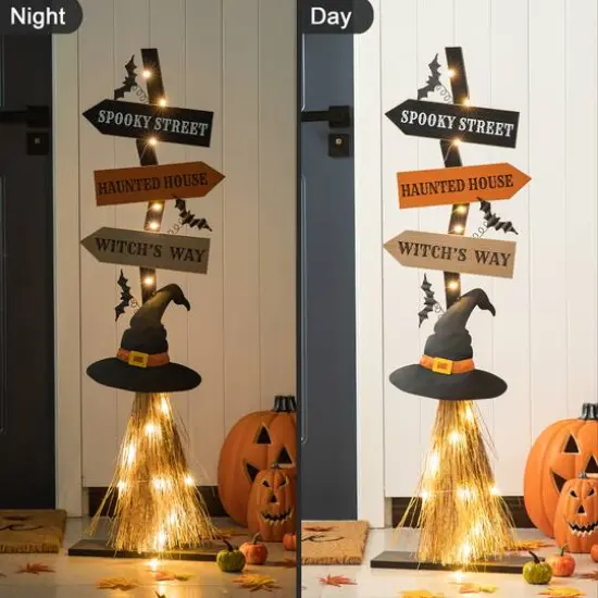 Glitzhome&reg; 42" Lighted Halloween Witch's Broom Porch D&eacute;cor with Timer {16}