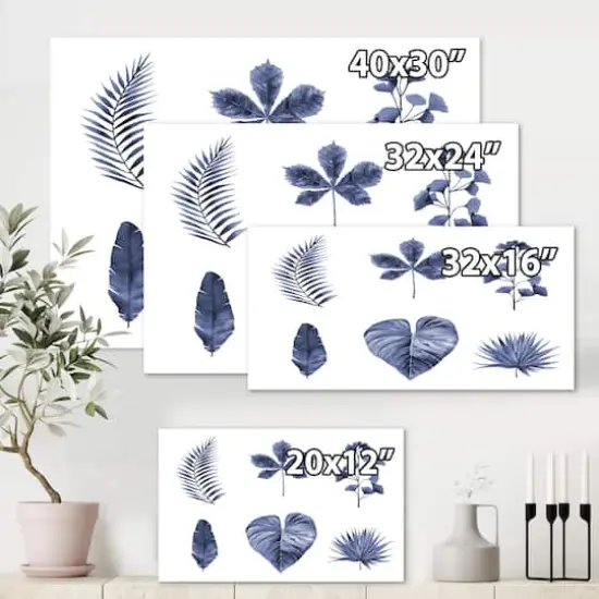 Designart - Abstract Blue Set Of Plant Leaves - Traditional Canvas Wall Art Print {6}