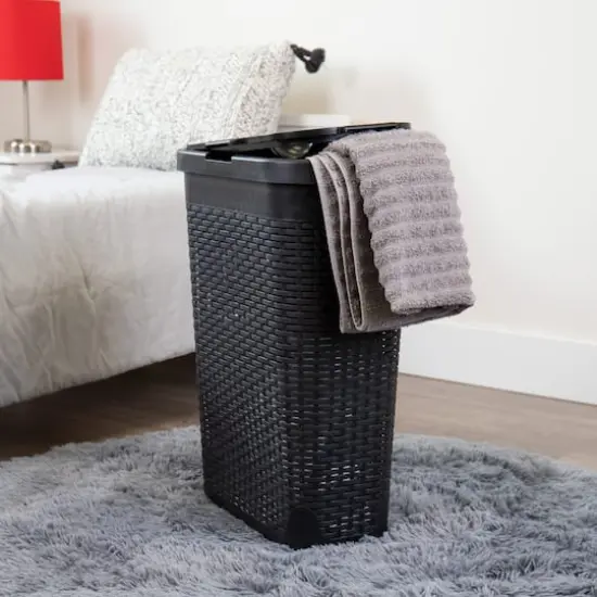 Mind Reader 40L Ventilated Slim Laundry Hamper with Cut Out Handles & Attached Hinged Lid, 2ct. Black {3}