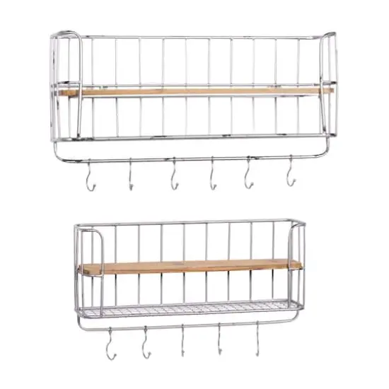 Set of 2 Silver Metal Basket & Wooden Wall Shelf Units With Hooks {1}