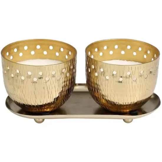 7oz. Jasmine Scented Candles in Cut Out Gold Bowls and Tray {1}