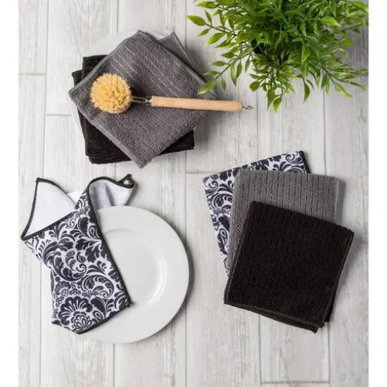 DII&reg; Black Microfiber Damask Dishcloth Set {4}