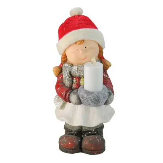 17" Standing Young Girl in Ski Hat with Candle Holder Winter Outdoor Garden Statue {1}