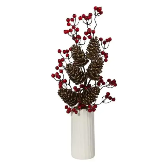 23" Pinecone & Berries Arrangement in White Vase {1}