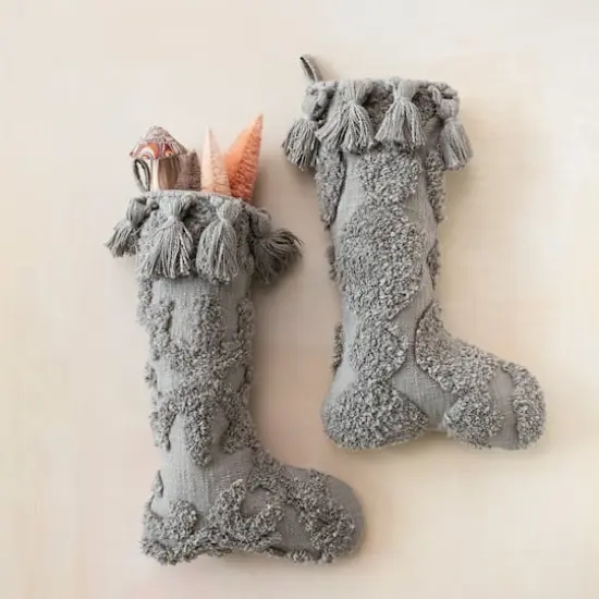 Hello Honey&reg; 20" Gray Cotton Slub Stocking with Tufting & Tassels, 2ct. {3}