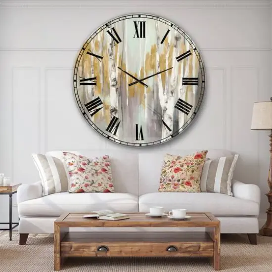Designart 'Silver And Yellow Birch Forest Ii Farmhouse Wall Clock {3}