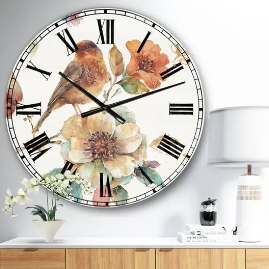 Designart 'Farmhouse Bird On Flower Branch Farmhouse Wall Clock {3}