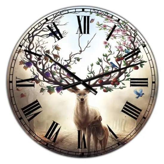 Designart 'Deer With Blossoming Antlers Large Cottage Wall Clock {1}