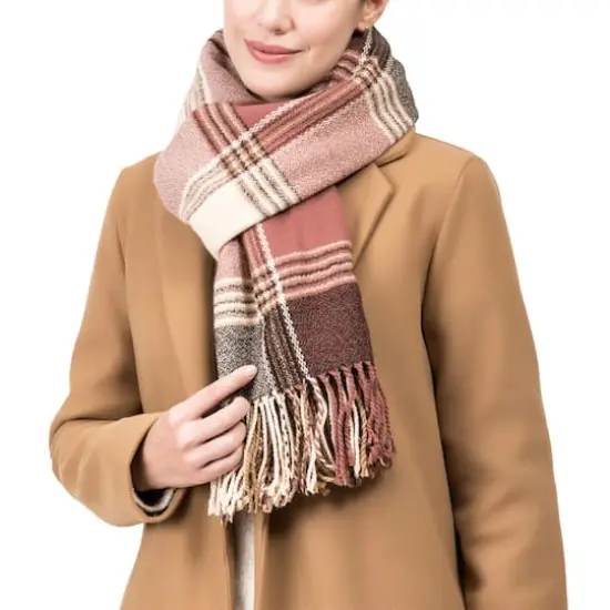 Glitzhome&reg; 77" Pink, Cream & Gray Plaid Scarf with Tassels {3}
