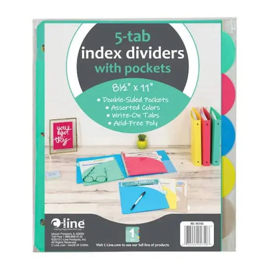 C-Line&reg; 8.5" x 11" Assorted Color 5-Tab Poly Index Dividers with Slant Pocket, 6 Packs of 5 {3}