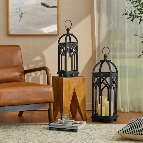 Glitzhome&reg; Black Farmhouse Church Window Wood & Metal Lanterns Set {5}