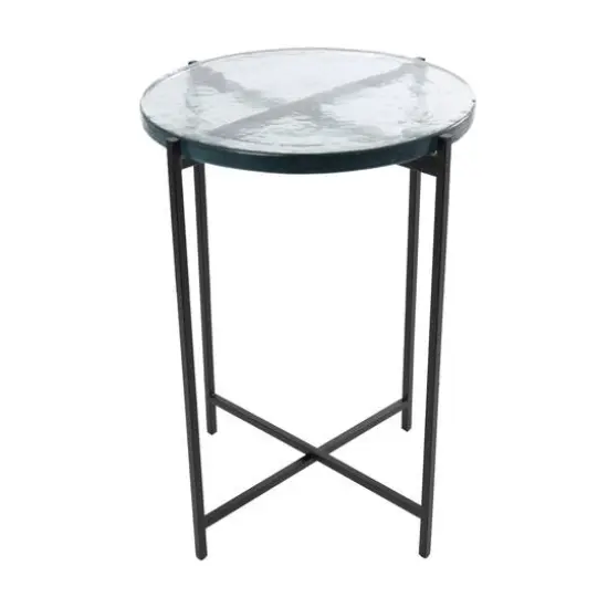 24" Metal X-Shaped Accent Table with Textured Glass Tabletop Black {1}