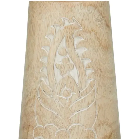 Mango Wood Round Carved Pillar Floral Candle Holder Set Light Brown {4}