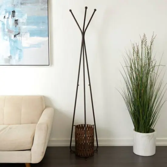 6ft. Brown Metal Geometric 3-Hanger Coat Rack with Basket {9}