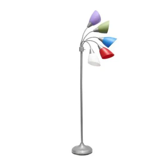 Simple Designs™ 5.6ft. 5-Light Gooseneck Silver Floor Lamp Primary Multicolored Shades {10}