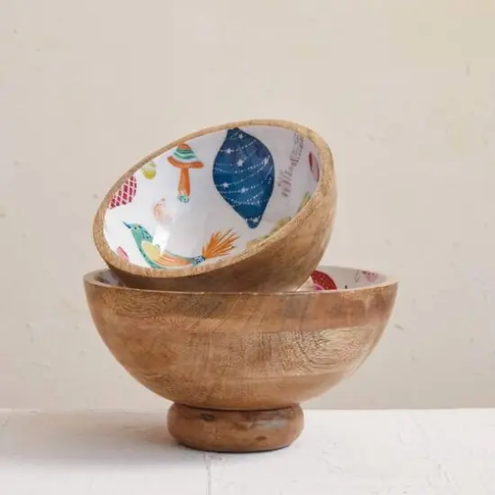 Hello Honey&reg; Multicolor Birds & Ornaments Enameled Mango Wood Footed Bowl Set {3}
