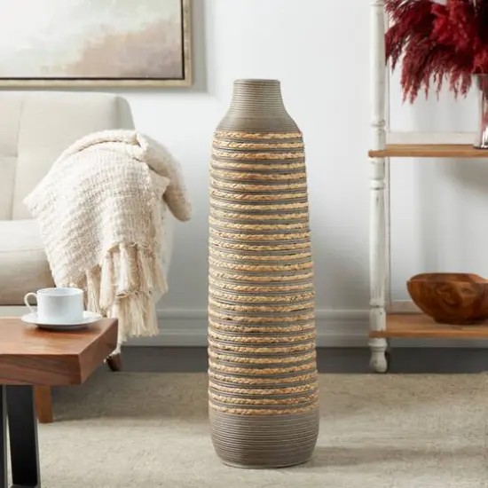 32" Brown Seagrass Handmade Braided Vase with Layered Gray Paneling {6}