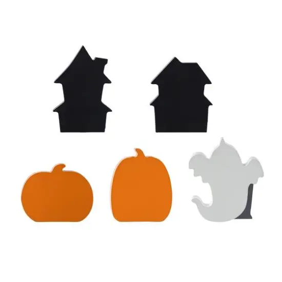 Glitzhome&reg; Halloween Wooden Haunted House, Pumpkin & Ghost Table Block Set {8}
