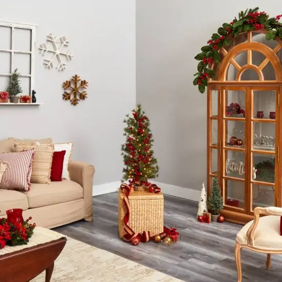 3ft. Pre-Lit Pine Artificial Christmas Tree with Berries and Burlap Base, Warm White Lights {3}