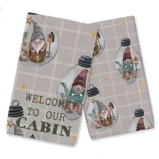 Welcome to our Cabin Gray and White Check Gnome Globe Pattern Tea Towel - Set of 2 {1}