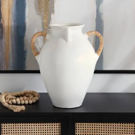 19" White Ceramic Jug Inspired Vase with Rattan Wrapped Handles {8}