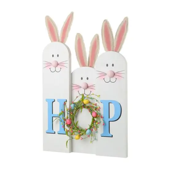 Glitzhome® 29.5" Easter Bunny Family HOP Wooden Porch Sign {1}