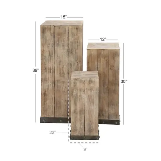 Set of 3" Brown Wood Rustic Pedestal Table, 39", 30", 22" {9}