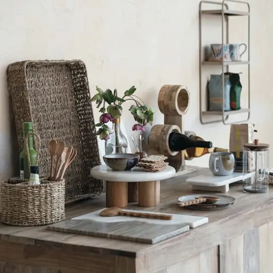 Hello Honey&reg; 15" White Round Elevated Marble & Wood Food Pedestal {5}