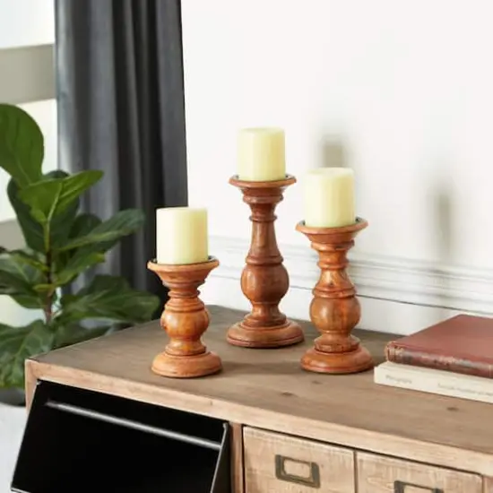 Mango Wood Traditional Candle Holder Set Brown {3}