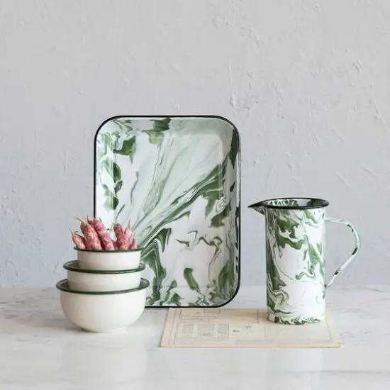 Hello Honey&reg; 13.25" Green & White Marbled Enameled Serving Plate {3}