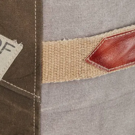 Brown Canvas and Leather Rustic Pouf, 19" x 17" x 17" {7}