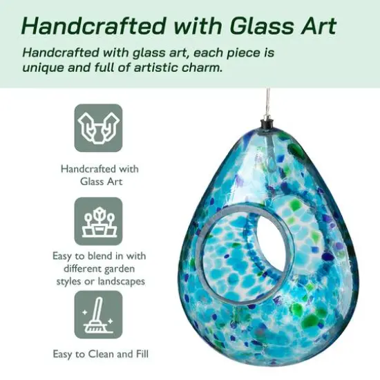 Glitzhome&reg; 6.75" Blue Dots Glass Water Drop Hanging Bird Feeder {5}