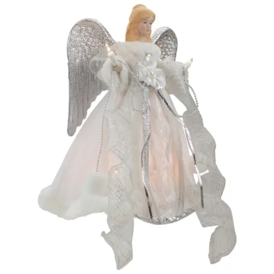 12" Lighted Silver & White Angel with Wings Christmas Tree Topper, Clear Lights {4}