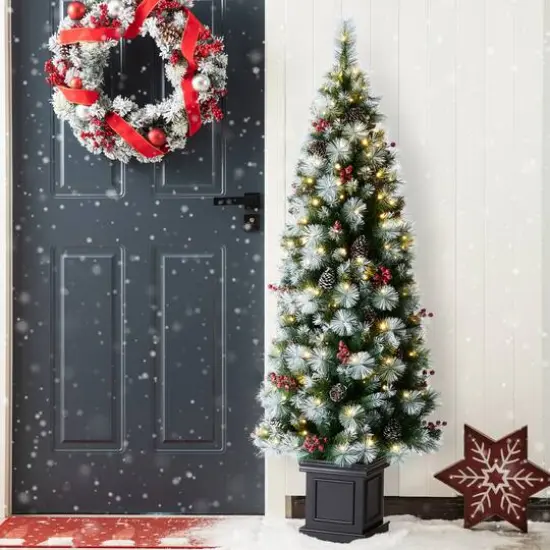 6ft. Pre-Lit Greenery Pinecones & Red Berries Artificial Christmas Porch Tree, Warm White LED Lights {3}
