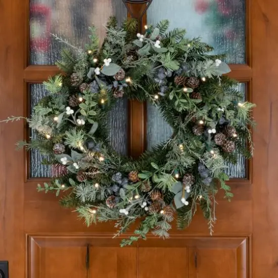 Village Lighting 24" Pre-Lit Rustic White Berry Christmas Wreath, Clear LED Lights {3}