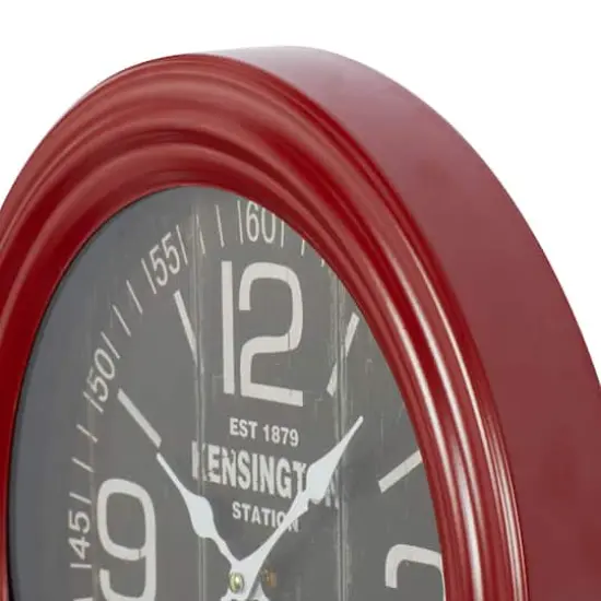 Farmhouse Round Red Metal and Wood Kensington Station Wall Clock, 14" x 14" x 2.60" {4}