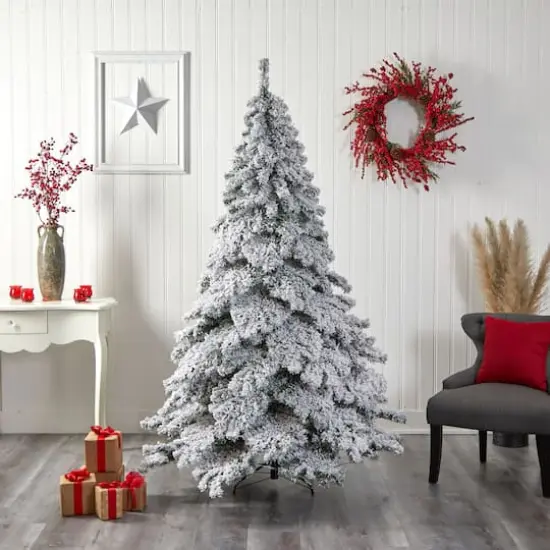 7ft. Pre-Lit Flocked Austria Fir Artificial Christmas Tree, White LED Lights {9}