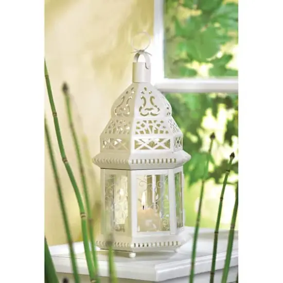 12" White Moroccan Style Hanging Candle Lantern with Etched Floral Glass {4}