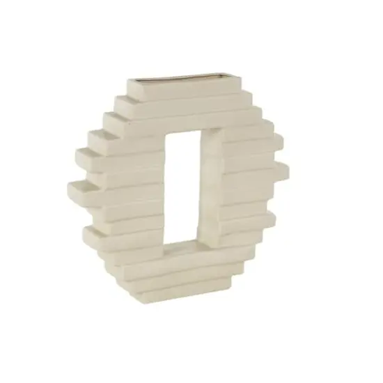 13" Cream Ceramic Abstract Decorative Vase with Rectangular Center Cutout {4}