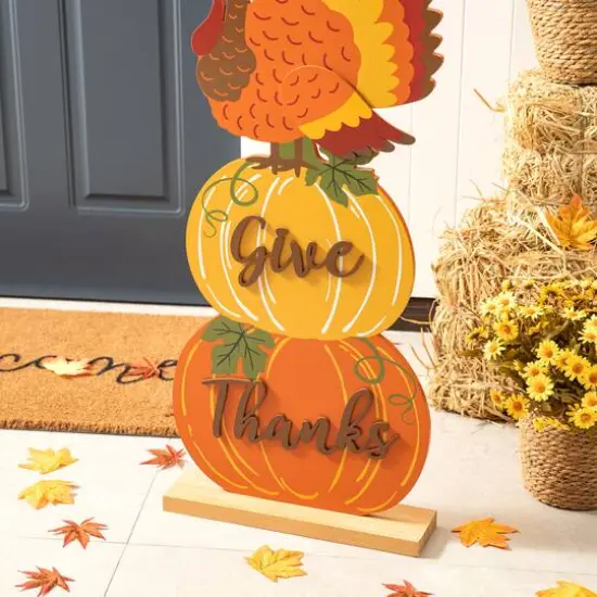 Glitzhome&reg; 36" Thanksgiving Wooden Stacked Pumpkin & Turkey Porch D&eacute;cor {4}