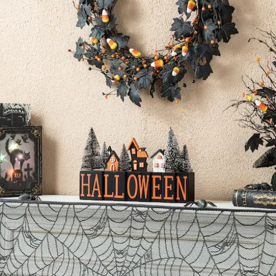 Glitzhome&reg; 14" Halloween Wood Haunted House Table Sign {4}