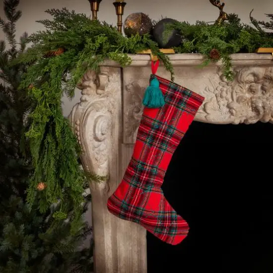 Hello Honey&reg; 20" Red & Green Plaid Brushed Cotton Flannel Quilted Stocking with Tassel {4}